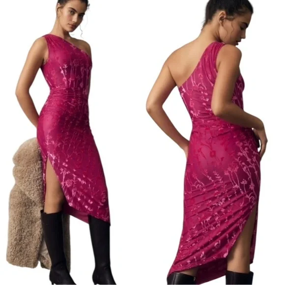 Anthropologie HUTCH One Shoulder Ruched Velvet Flocked Midi Dress Pink Size L - Picture 3 of 14